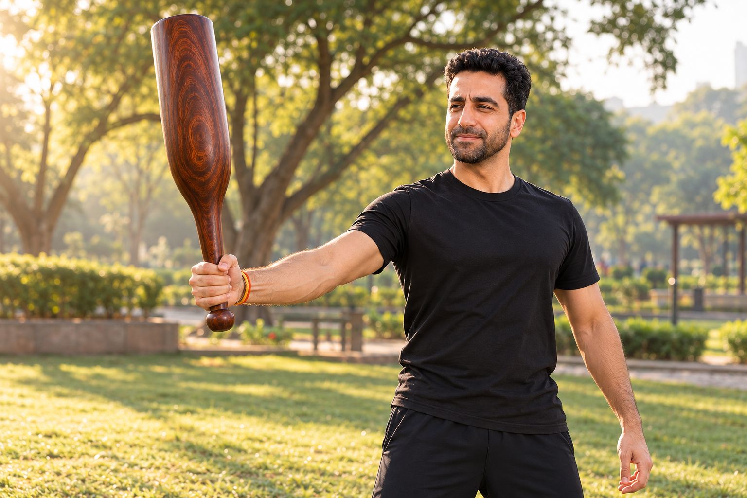 Holding a wooden Mudgar by the end of its handle, the grip that makes Mudgar weight feel heavier