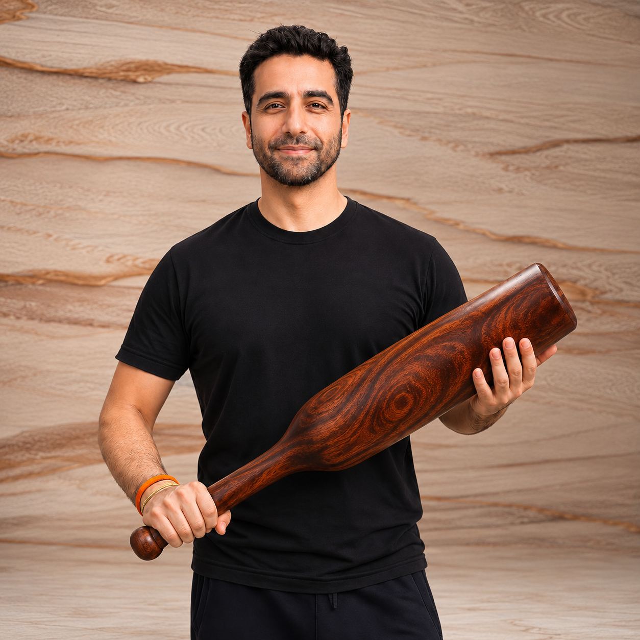 Haresh, founder of Mudgar Fitness, holding a wooden Mudgar